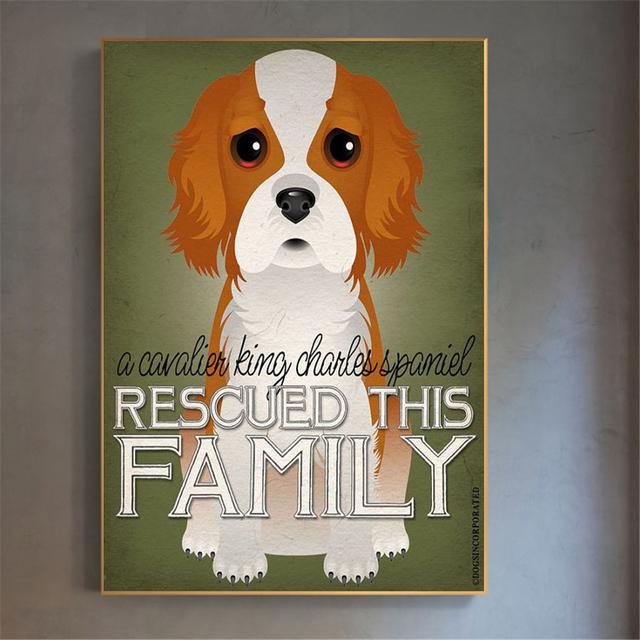 Hanging Wall Art Retro Dog Poster Canvas Painting Rescued This Family Animals Wall Pictures for Living Room Home Decor Kids Gift