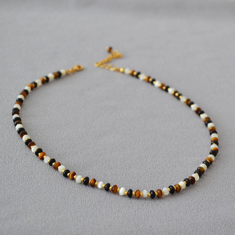 

Meillard Elegant Retro Tiger Eye, Mother-of-Pearl & Black Agate Beaded Necklace