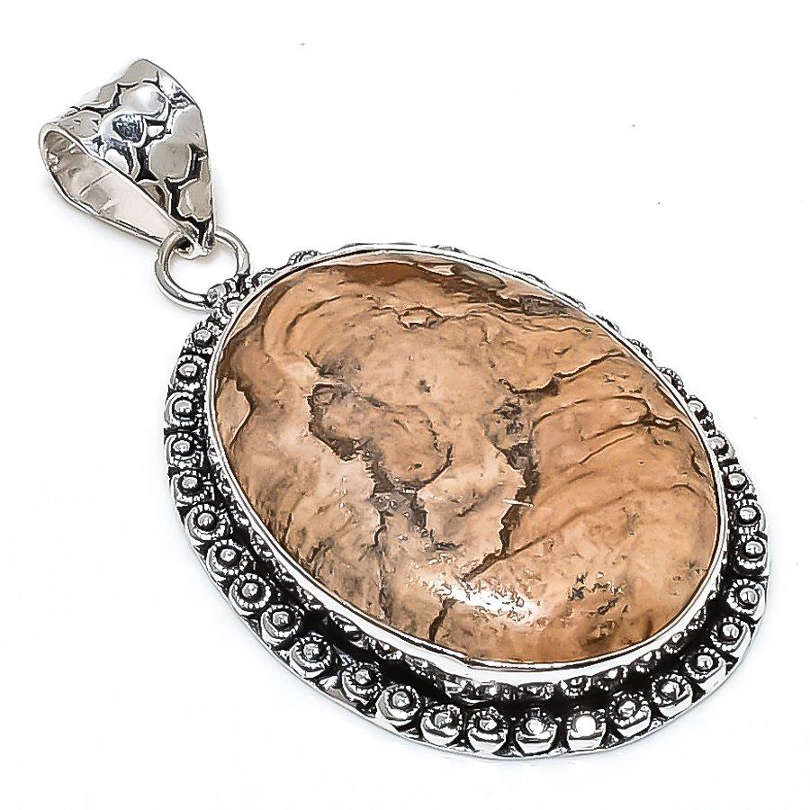 Picture Jasper Gemstone Handmade 925 Sterling Silver Jewelry Pendant 2.25" SU-10669