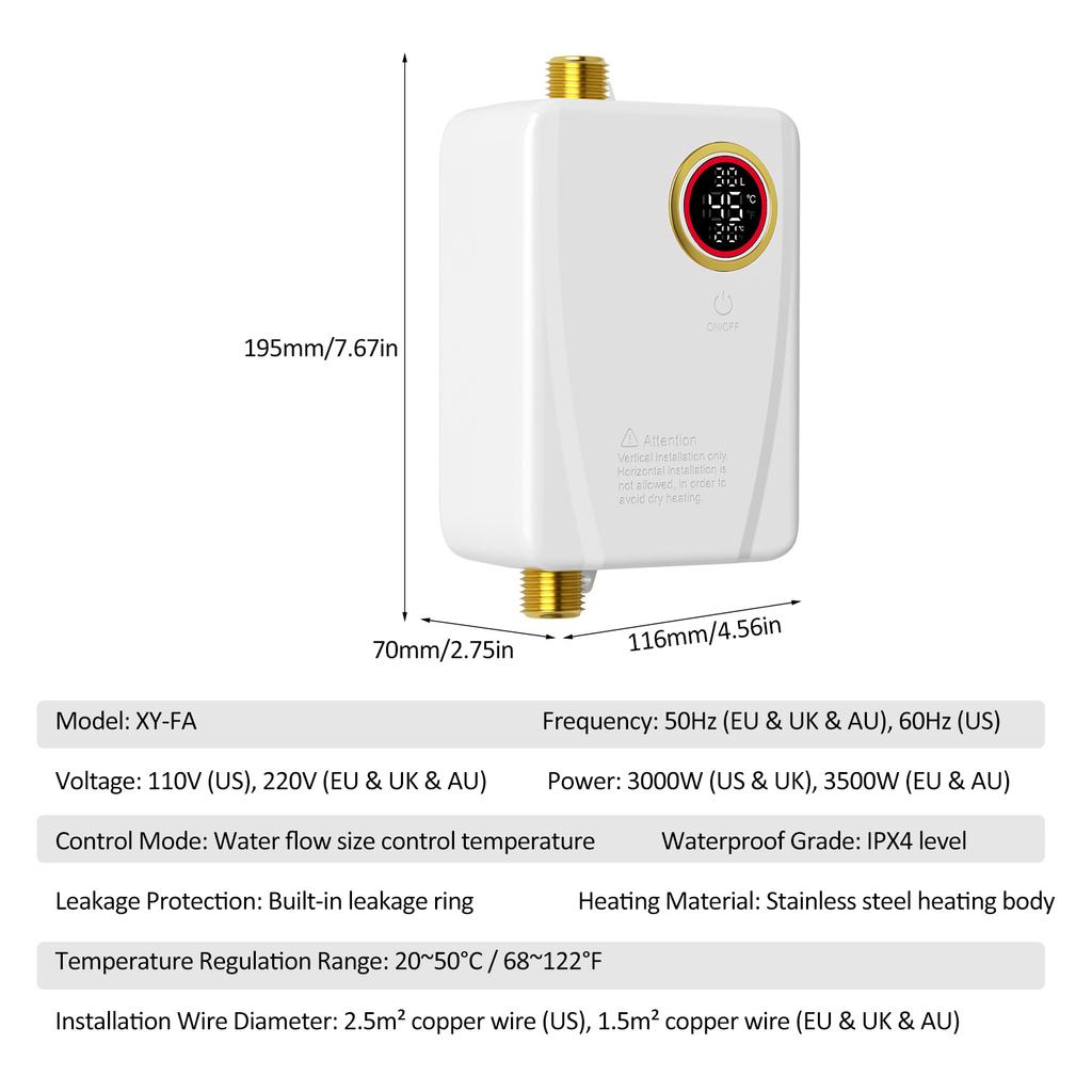 Anında Su Isıtıcı 3500W 220V Beyaz Mini Tankless Anında Sıcak Su Isıtıcı Banyo Mutfak