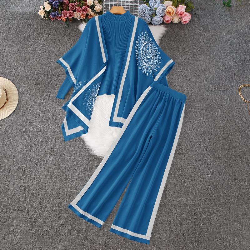 Toamnă Iarnă Pulover tricotat Pantaloni cu imprimeu Set 3 piese femei șaluri pelerina și pulovere cu mânecă lungă Pantaloni cu picioare largi Trening