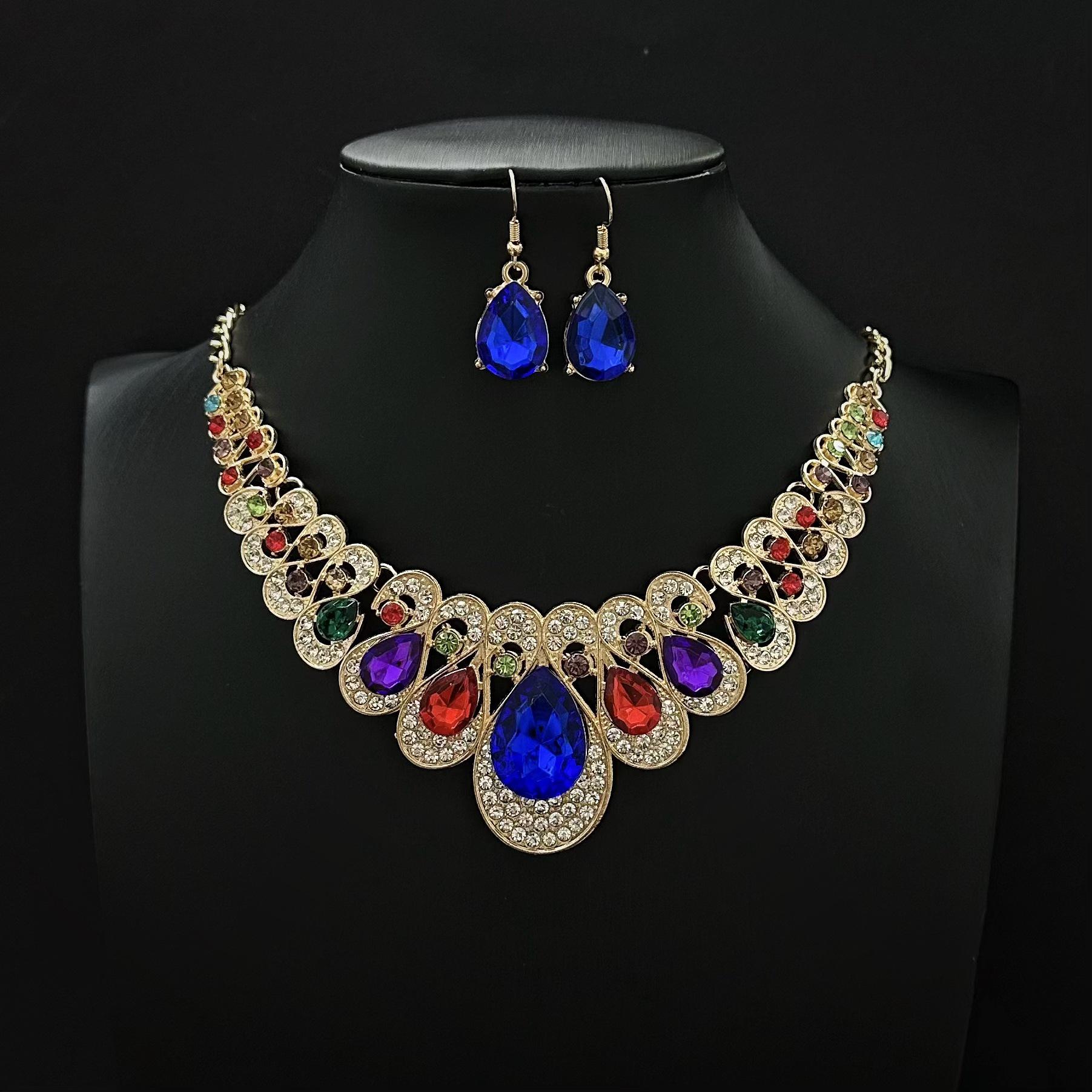 European-American Exaggerated Fashion Rhinestone Jewelry Set: Gemstone Necklace  Earrings