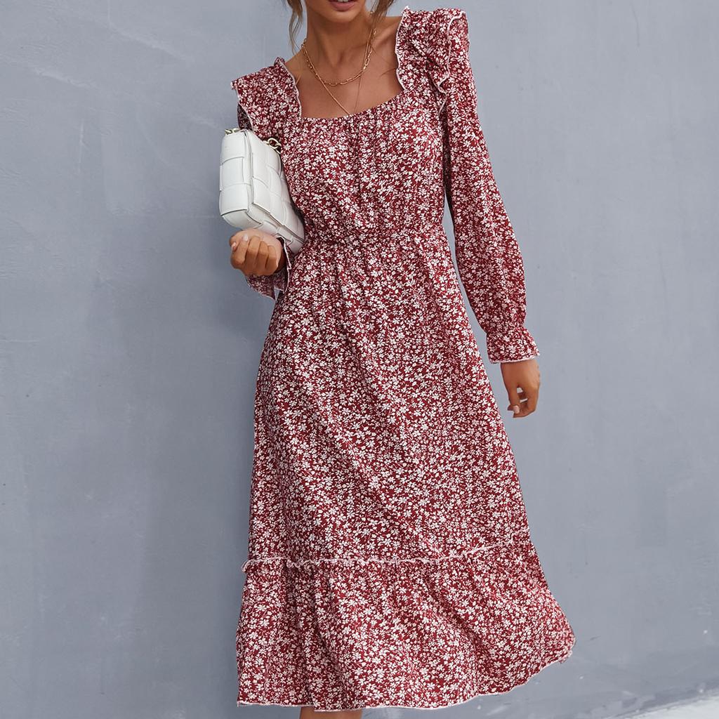 YYFS Dámská móda Květinový potisk Léto Jaro Dlouhý rukáv Čtvercový výstřih Vysoký pas Ležérní šaty