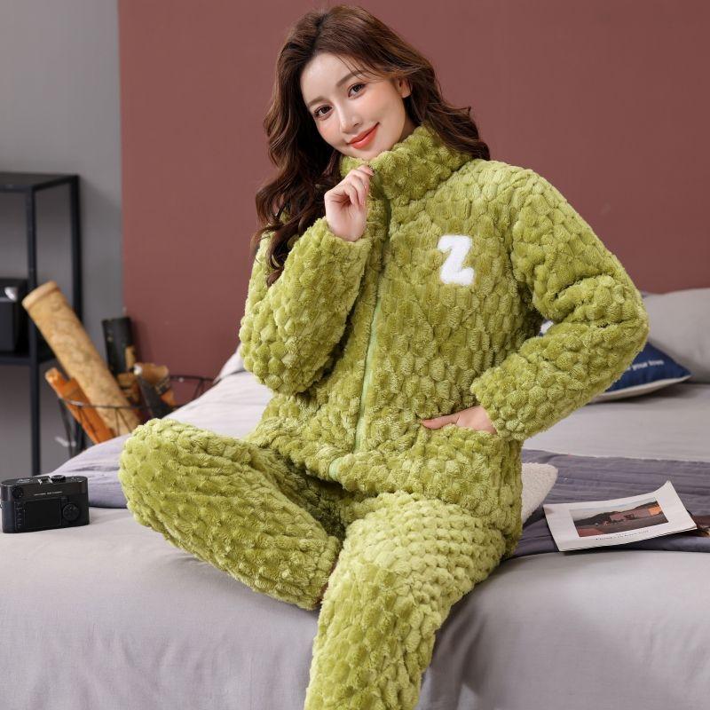 Pajamas women's winter three-layer thickened models fleece coral fleece warm padded cotton autumn and winter women's loungewear