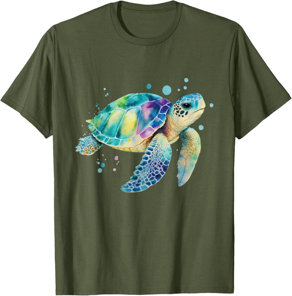 Watercolor Sea Turtle Graphic Tee Breathable Cotton Casual T-Shirt for Men Beach Trip