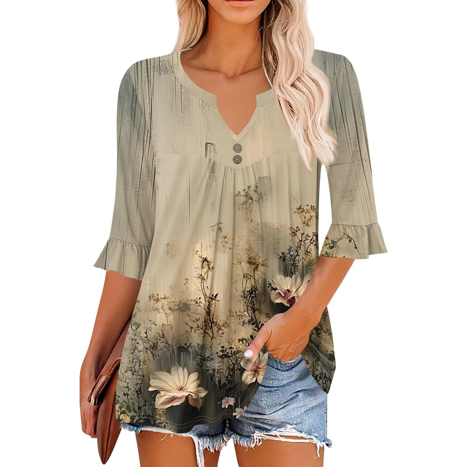 

3/4 рукава топы для женщин повседневные оборки V-образный вырез футболки рабочие блузки нарядные туники топы M