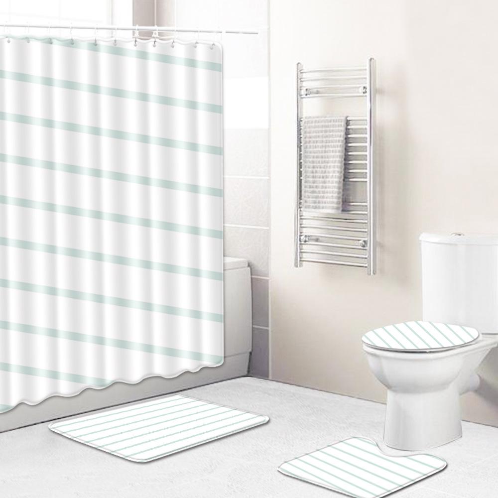 Gestreifte Quadratische Badezimmer Duschvorhang Bodenmatte WC-Deckel Fußmatte Vierteiliges Set