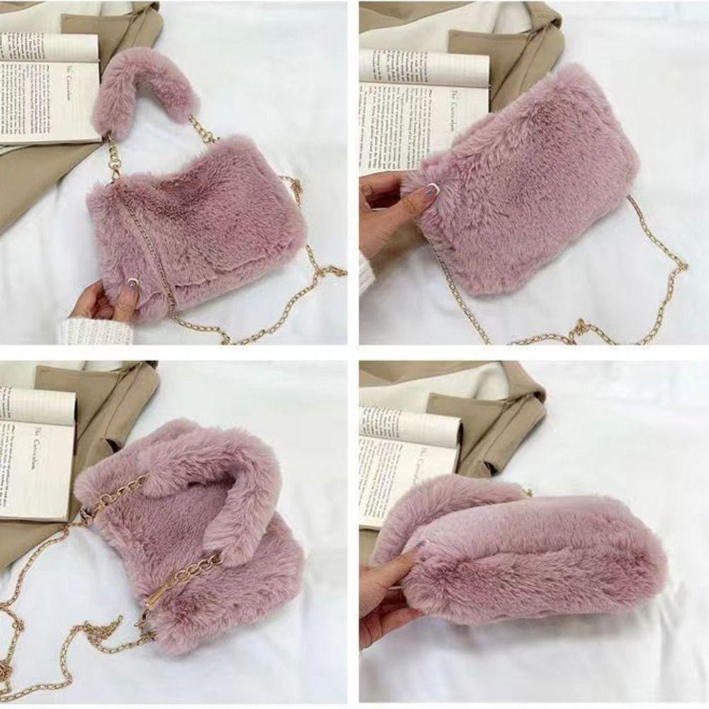 Fashion Soft Fluffy Shoulder Bags Chain Strap Handle Handle Bag Solid Color Messenger Bag Women Accessories