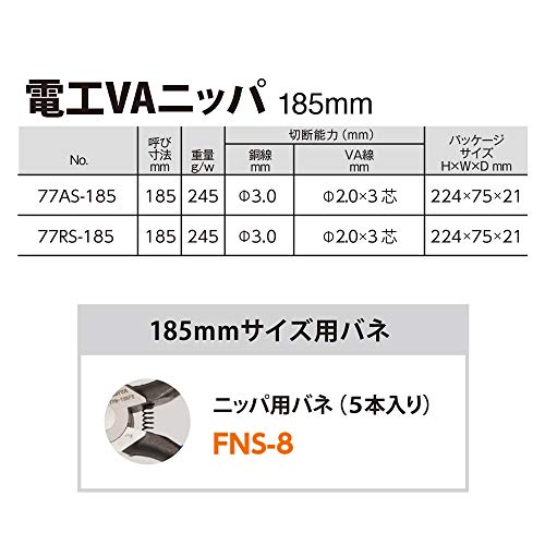 Fujiya Electrician's VA Nippers, Round Blade with Spring, 185mm, 77RS-185