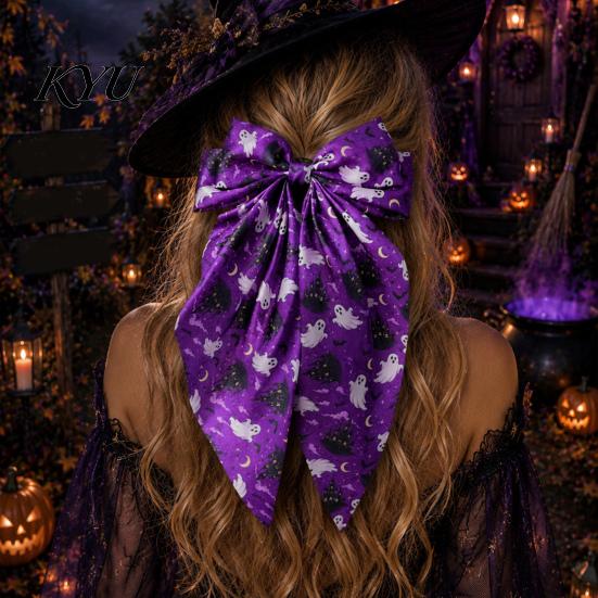 Trendy Satin Hair Bows Large Halloween for Women Girls, Vintage Ribbon Barrette Clips with Long Non-slip Spring Tails, Ghost/Pumpkin/Blood Mouth Print