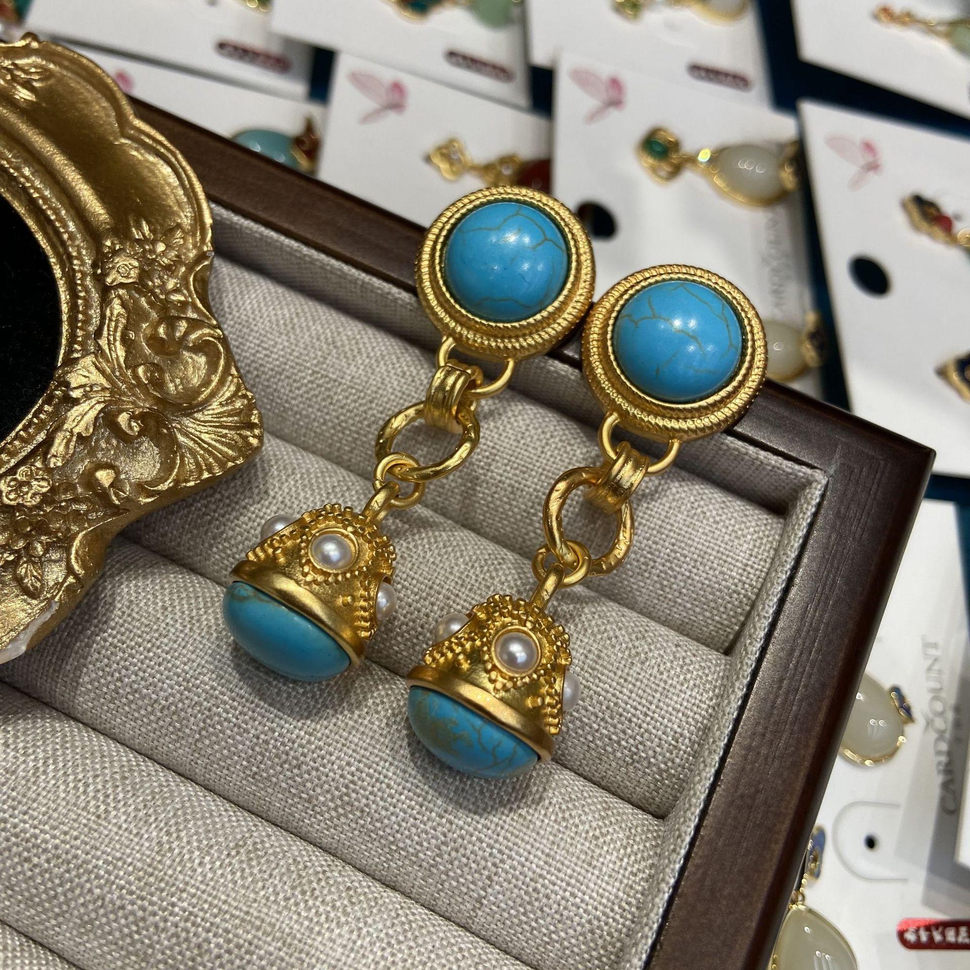 

Элегантные серьги-подвески с жемчугом в стиле ретро, серьги из бирюзы, серьги из настоящего золота с медным покрытием.