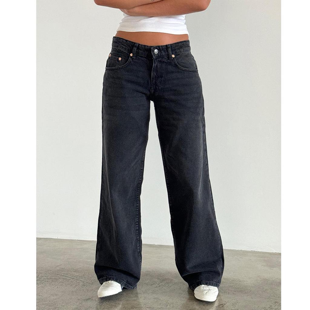Women's Retro Low Waist Washed Straight Leg Jeans - Wide Leg Autumn Denim Pants