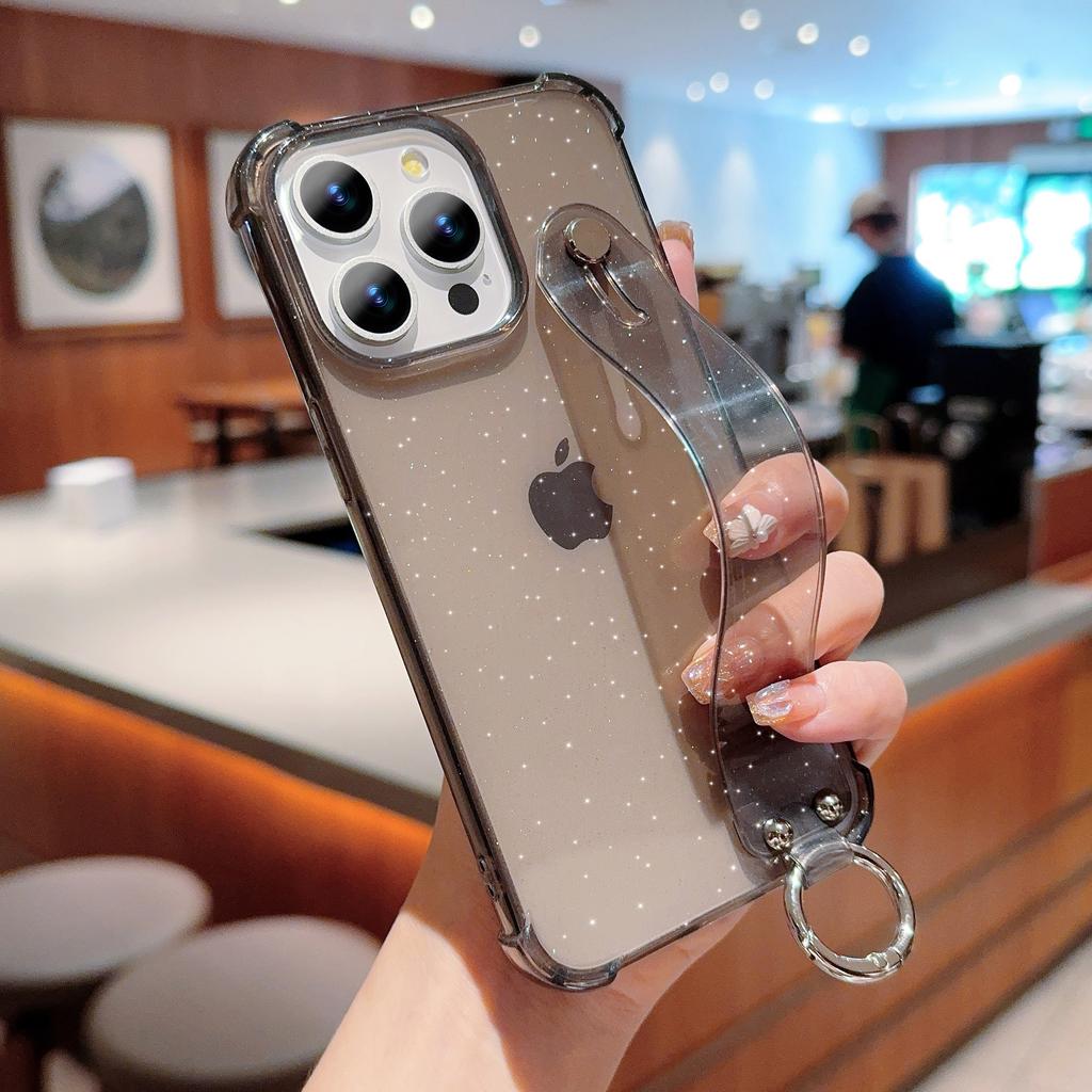Luxury Transparent Glitter Wrist Strap Phone Case For iPhone 11 12 13 14 15 16 Pro Max X XR XS Plus Stand Clear Shockproof Cover