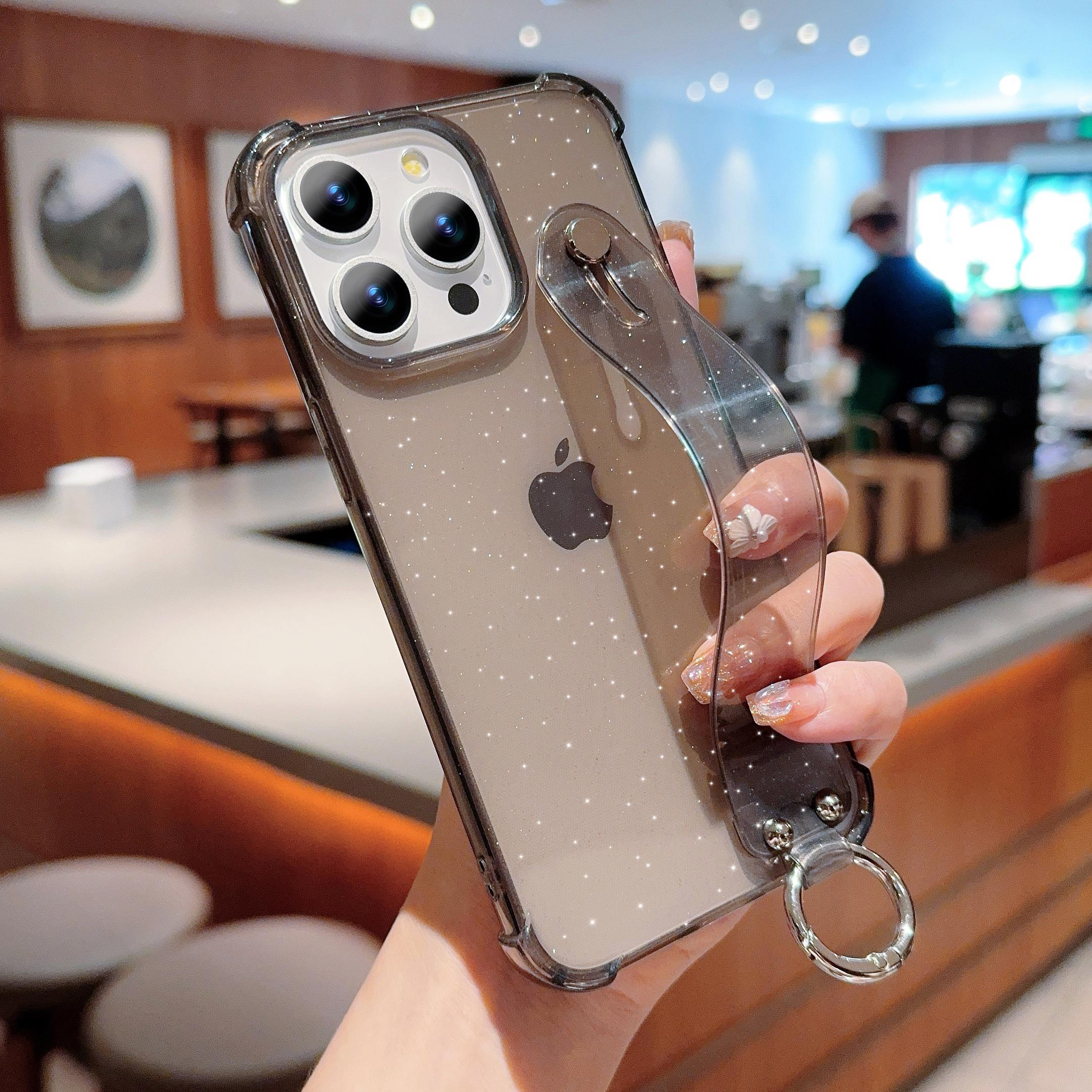 

Роскошный прозрачный чехол для телефона с блестками и ремешком на запястье для iPhone 11 12 13 14 15 16 Pro Max X XR XS Plus с подставкой, прозрачная противоударная накладка For iPhone 13 чёрный