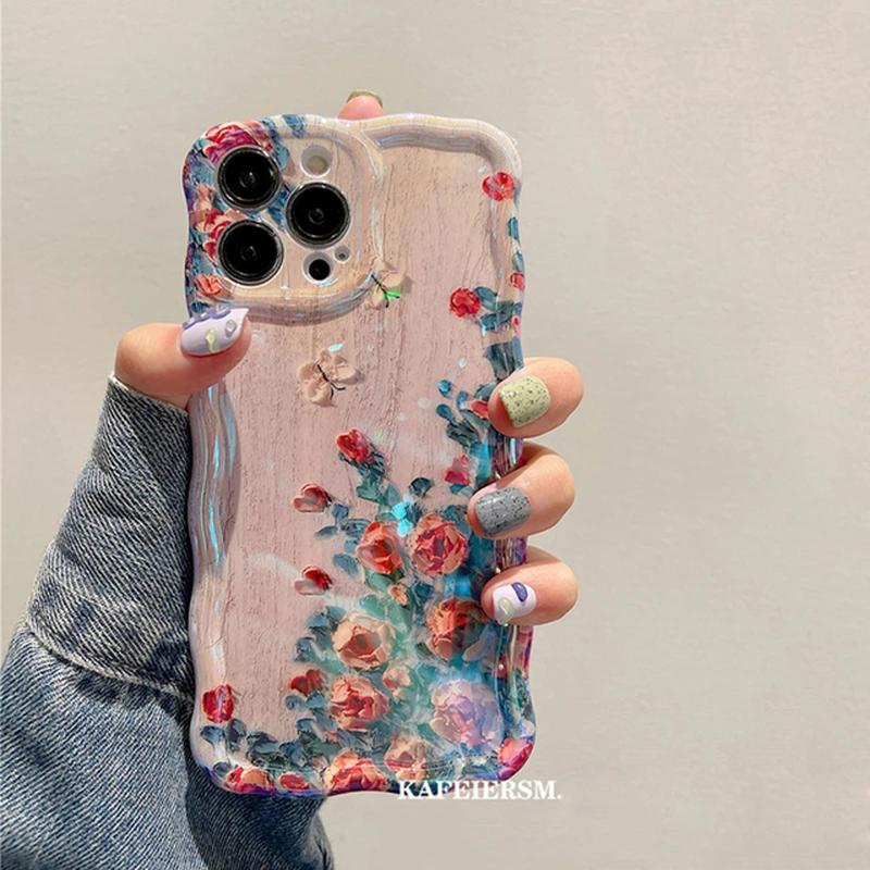 Luxury Laser Blue Light Flowers Phone Case For iPhone 16 Pro Max 15 14 13 12 11 Plus Fashion Retro Shockproof Silicone Cover