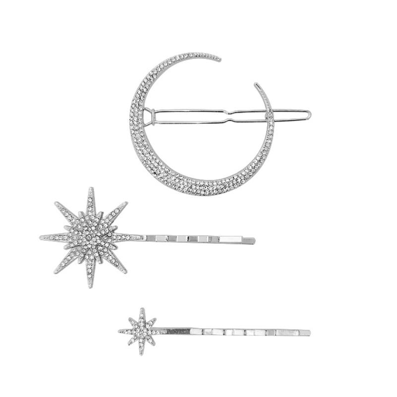Women Crystal Side Hair Clip Pins Metal Hair Barrettes Girl Hair Accessories Stars Moon Rhinestone Clips Set Star Hairpins