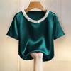 Damen T-Shirt Rundhals Satin Stoff T-Shirt mit Handgenähten Imitationsperlen Kurze Ärmel Lockerer Schnitt Lässige Oberteile