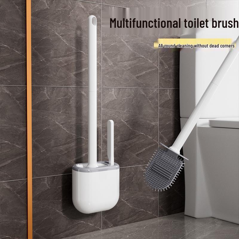 Wall-Mounted Long-Handled Silicone Toilet Brush Set with Base