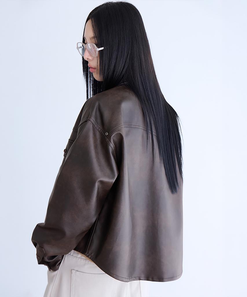 Londonda Faux Leather Shirt Jacket, Brown