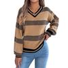 V-neck Contrasting Color Striped Lantern Long-sleeved Pullover Sweater for Women In Autumn and Winter