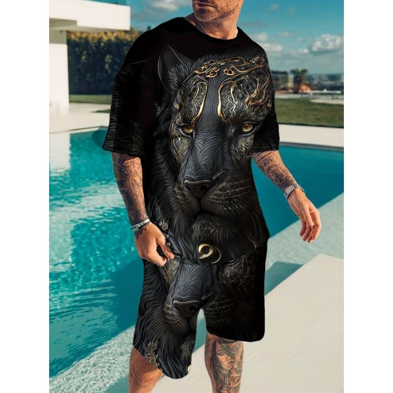 Men s novel 3D lion print comfortable and breathable casual sportswear set perfect for casual, daily wear and beach outings S