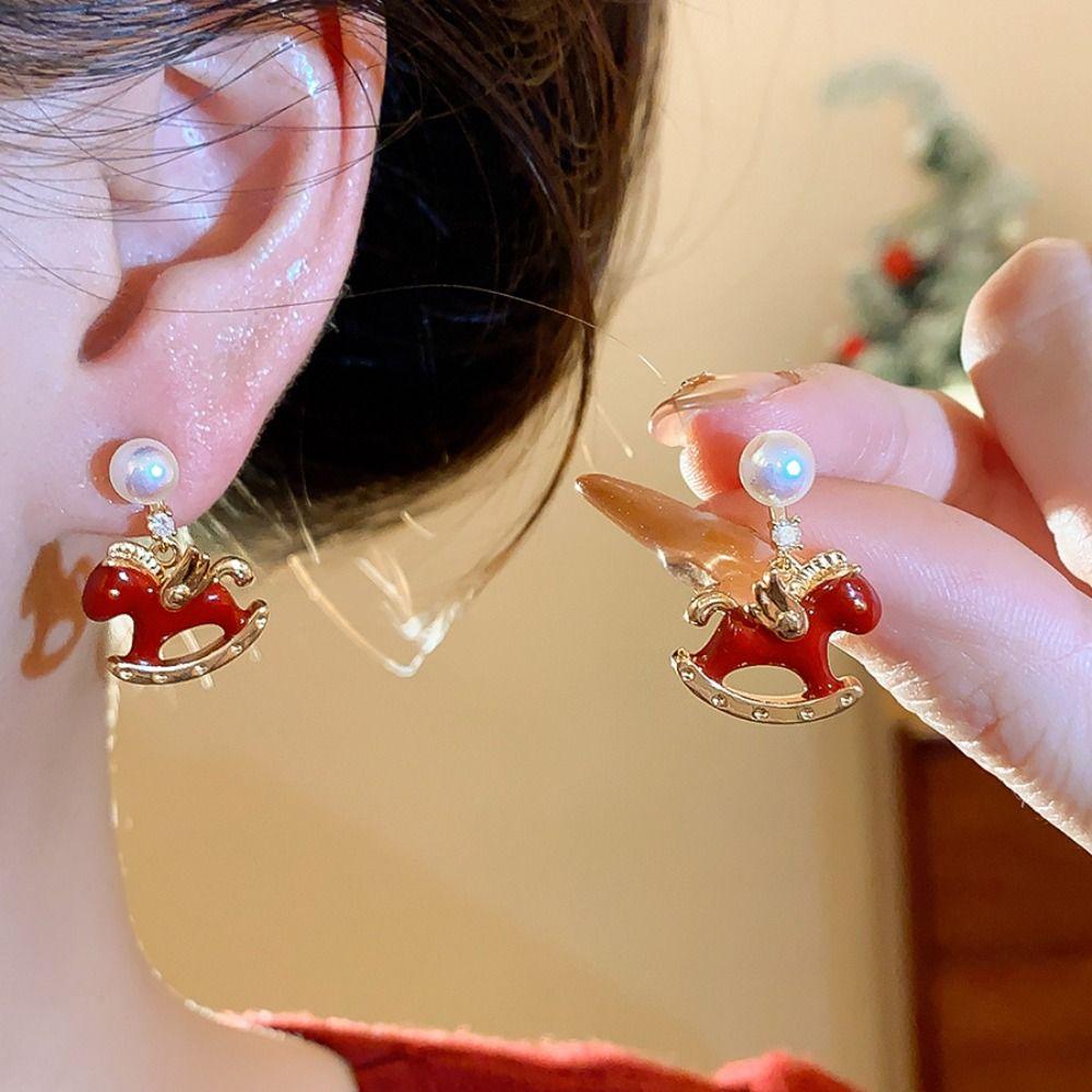 Chinese Horse New Year Cartoon Horse Earrings Zodiac Pony Red Drop Earrings  Girl