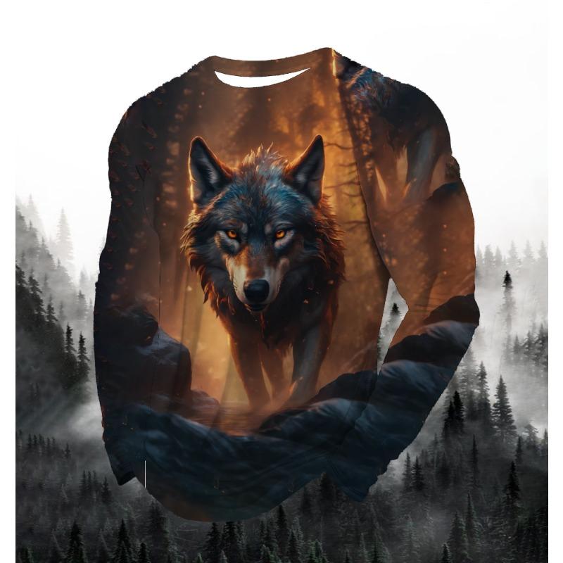 2024 Men's Fashion Print Round Neck Long Sleeve Party Autumn Sports Casual Pullover Men 3d Lonely Wolf Blue Print Tops