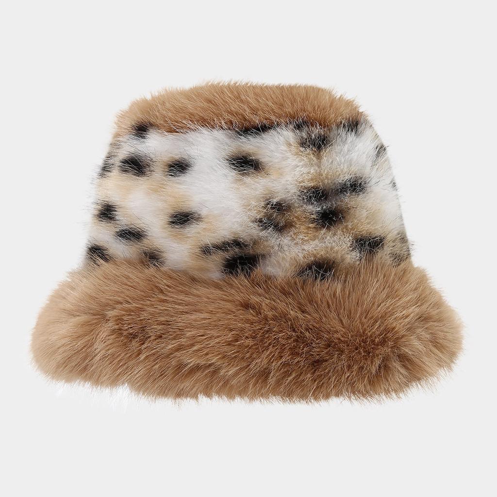 Polyester Furry Leopard Print Fisherman Hat With Wide Brim For Winter Fashion