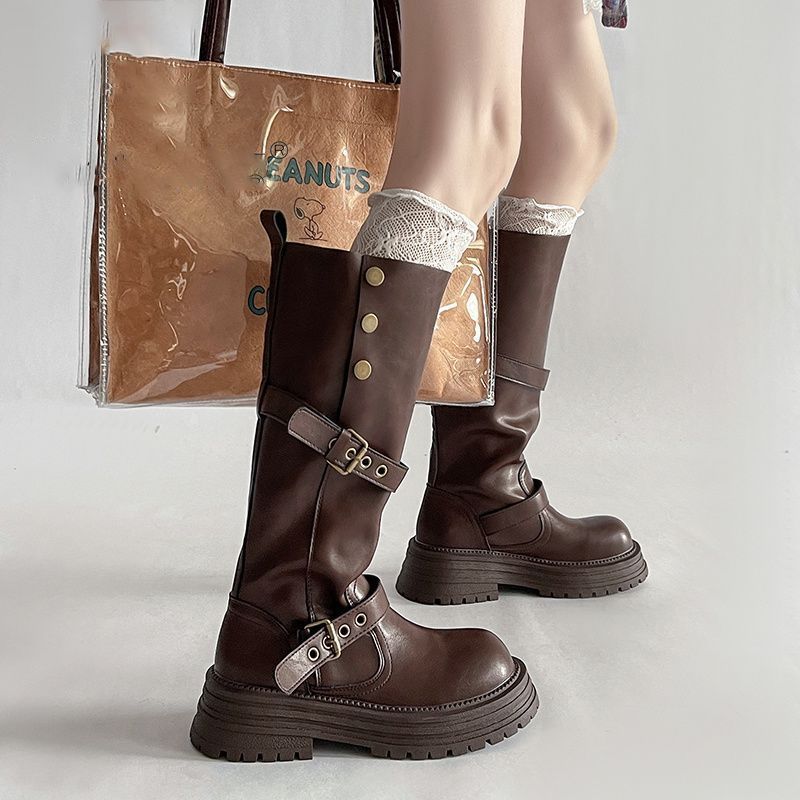 Western Cowboy Knight Boots Belt Buckle High Boots College Style Fashion Boots Women's Boots 2025 Autumn and Winter New
