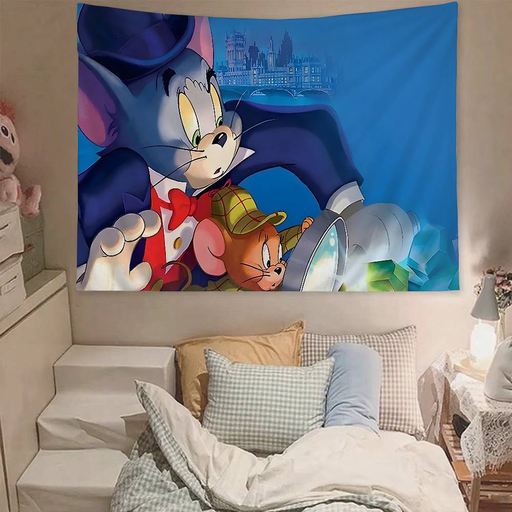 Cute TTom And Jerry Tapestry Wall Hanging Tapestry Art Deco Blanket Curtain Hanging At Home Bedroom Living Room Decor