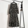 Fashion Long Sleeve Floral Printed Chiffon Dress Women Elegant Loose A-line Casual Long Dress Female High Waist Ruffled Office Lady Dress 1030
