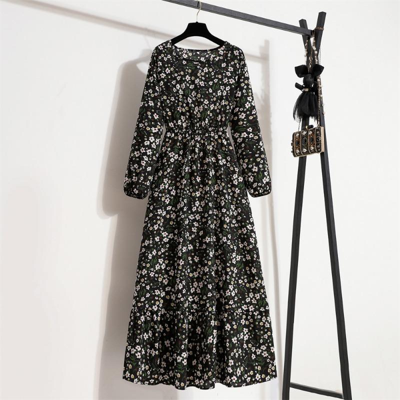 Fashion Long Sleeve Floral Printed Chiffon Dress Women Elegant Loose A-line Casual Long Dress Female High Waist Ruffled Office Lady Dress 1030