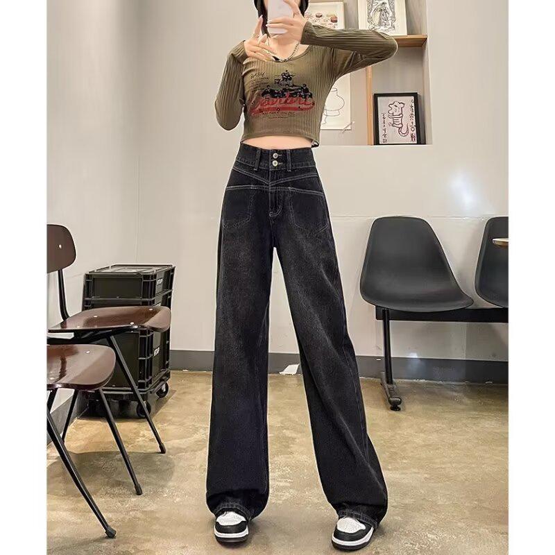 

Женские джинсы с высокой посадкой и прямыми штанинами - Прилегающий, свободный крой для весны, осени и зимы 2024 3XL черный серый