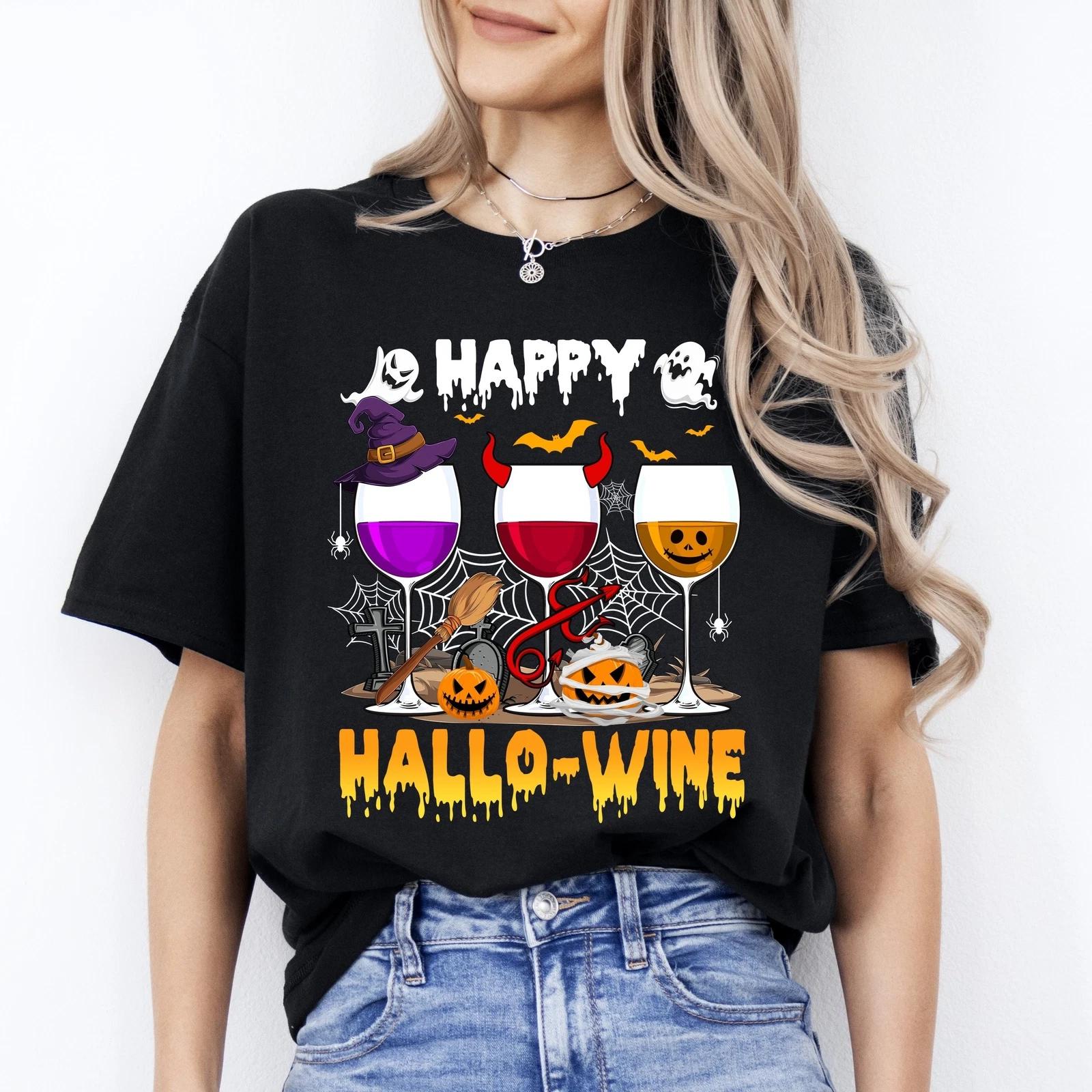 Happy Hallowine Unisex T-Shirt funny Wine lover Halloween tee Black Dark Chocola XL