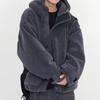 Winter Thick Warm Oversized Dark Grey Sherpa Jacket Men Hood Zip Up Fluffy Loose Casual Faux Lamb Fur Coat