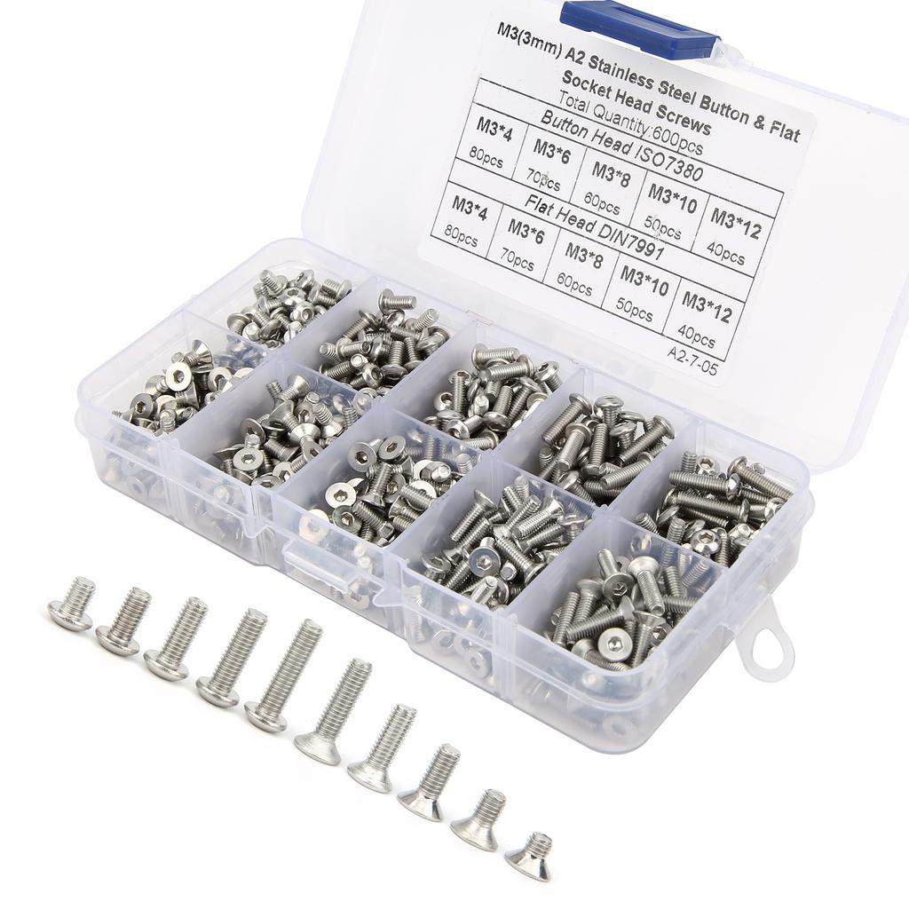 600Pcs Hex Screw Set 304 Stainless Steel PanFlat Head Boxed Hardware Accessories