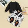2-teiliges Outfit für Kleinkinder, Mädchen, 6 Monate, 12 Monate, 18 Monate, 24 Monate, 3 Jahre, 4 Jahre, Langarm-Sweatshirt mit Buchstaben-Aufdruck und Schlaghose mit Kuh-Aufdruck und Quasten, süße Kleidung