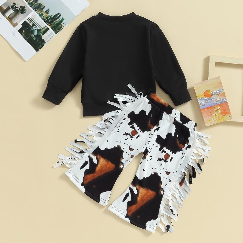 Tinute 2 piese pentru fetițe mici 6M 12M 18M 24M 3A 4A Hanorac cu mânecă lungă cu imprimeu cu litere și pantaloni evazați cu imprimeu de vaci cu ciucuri Haine drăguțe