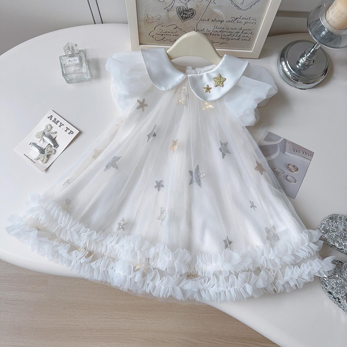 Summer Girls Princess Dress With Puff Sleeves Star Sequins Tulle Skirt Cute Party Gown For Kids 90cm