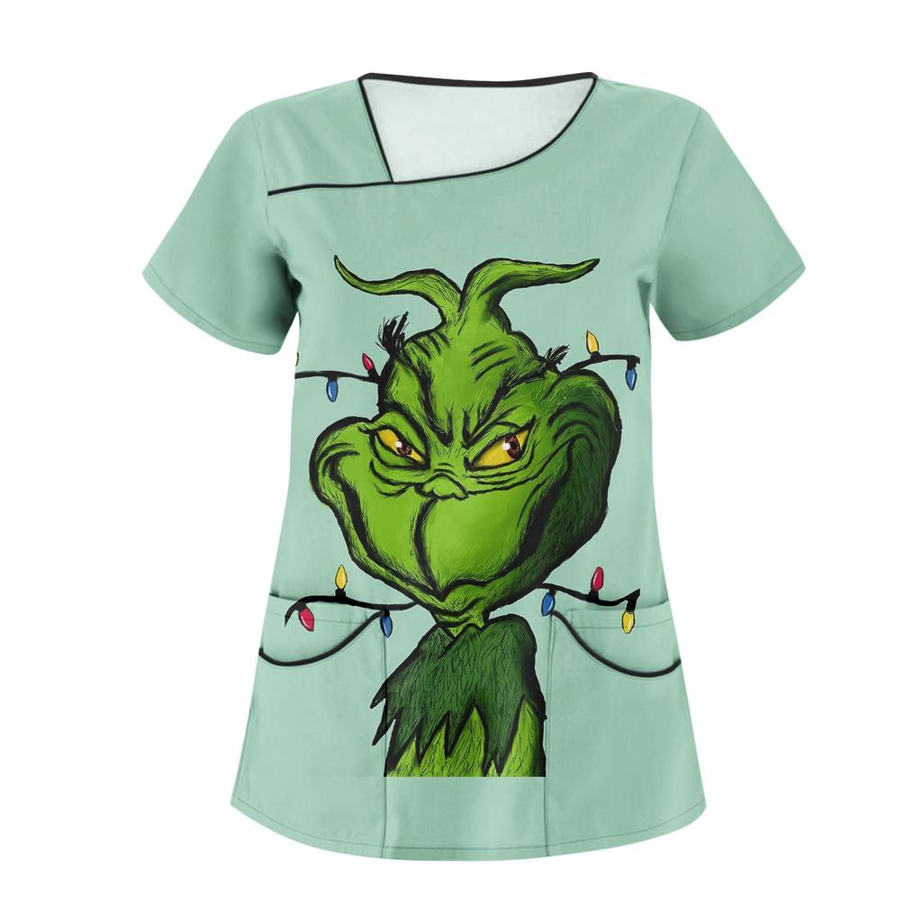 Women's Fashion Christmas Print Uniform Overalls Slanted Collar Double Pocket T-Shirt Short Sleeve Top