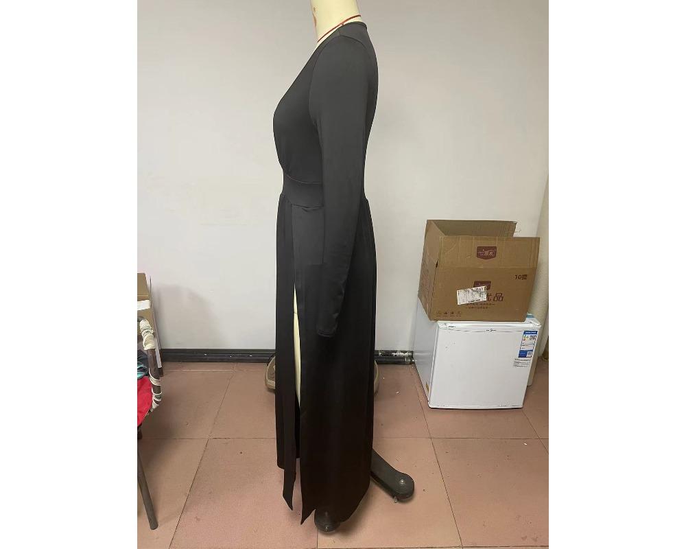 Damska Sukienka z Długim Rękawem i Dekoltem V, Jednokolorowa, z Wycięciami, Długa Sukienka