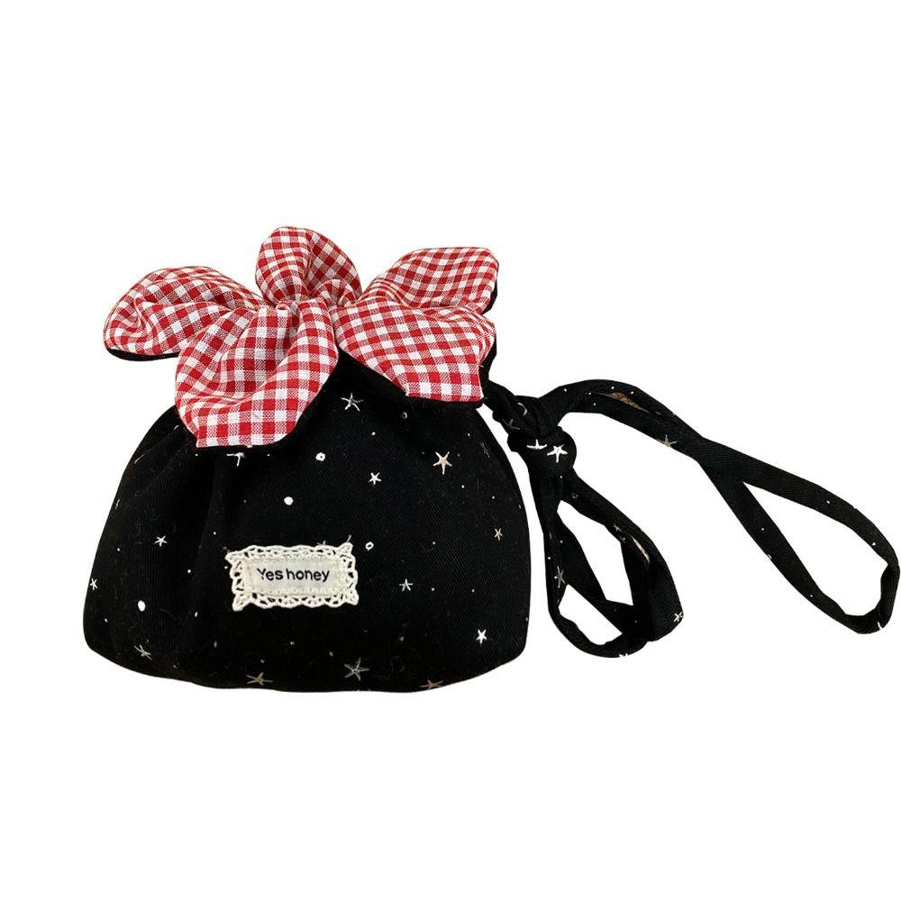 Bundle Pocket Flower Drawstring Crossbody Bag Plaid Cute Sparkly Star Flower Bag Korean Style Portable Canvas Shoulder Bag