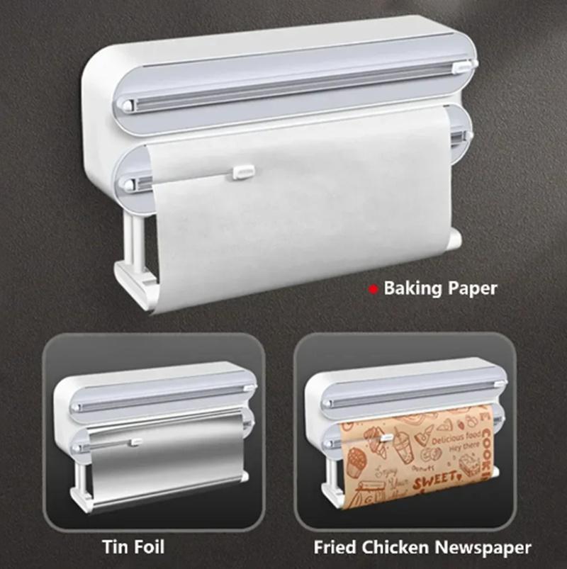 3 In 1 Aluminum Film Wrap Cutter WallMount Paper Towel Holder Cling Film Cutting Holder Plastic Wrap Dispenser Kitchen Organizer
