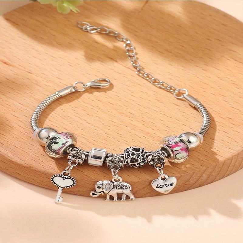 Handmade Beaded Bracelet with Heart Elephant Pendant Key Crystal Charm Jewelry