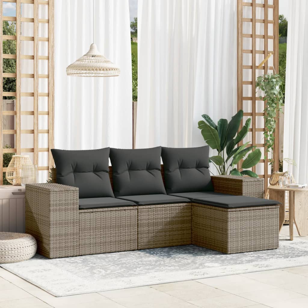 4 Piece Grey Outdoor Sofa Set with Cushions Poly Rattan