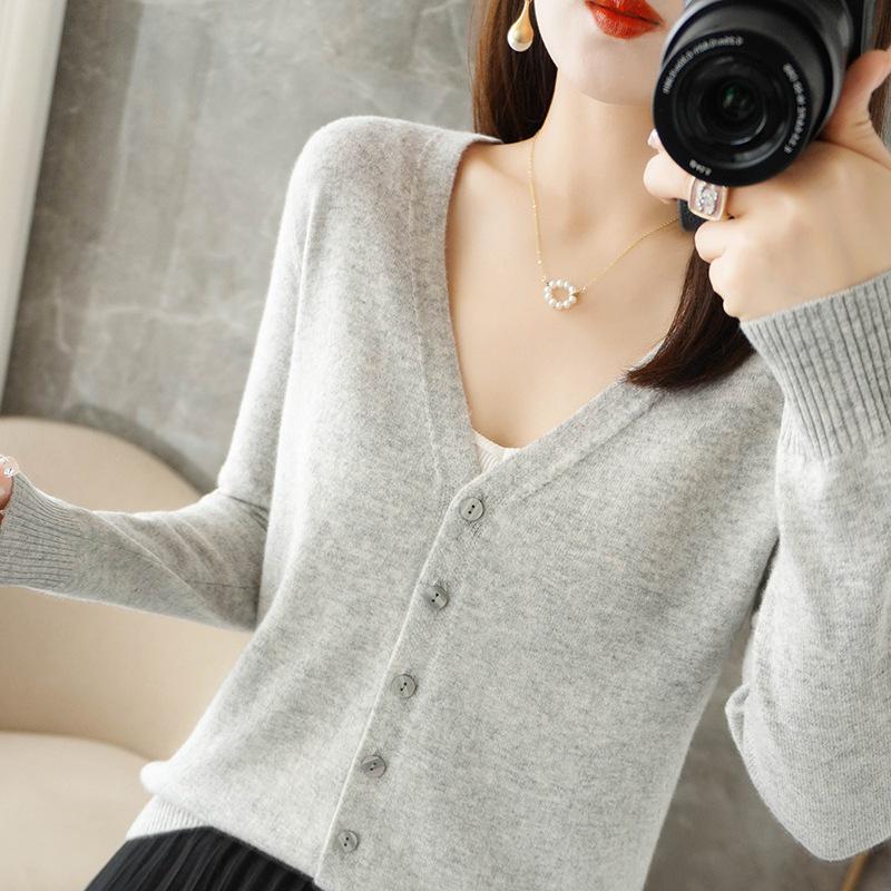 Women's V-neck Knitted Cardigan - Long-Sleeve All-Season Outerwear Sweater