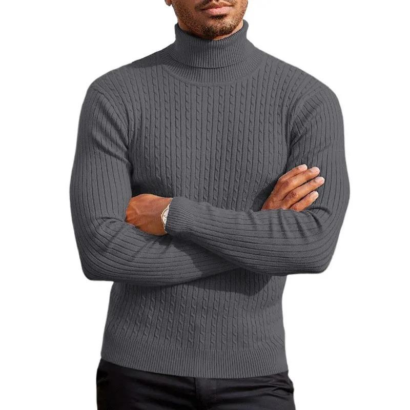 Autumn Winter New Men's Cable Knit Sweater Beige Turtleneck Basic Style Casual Slim Fit Knitwear Male Soft Knitted Pullover