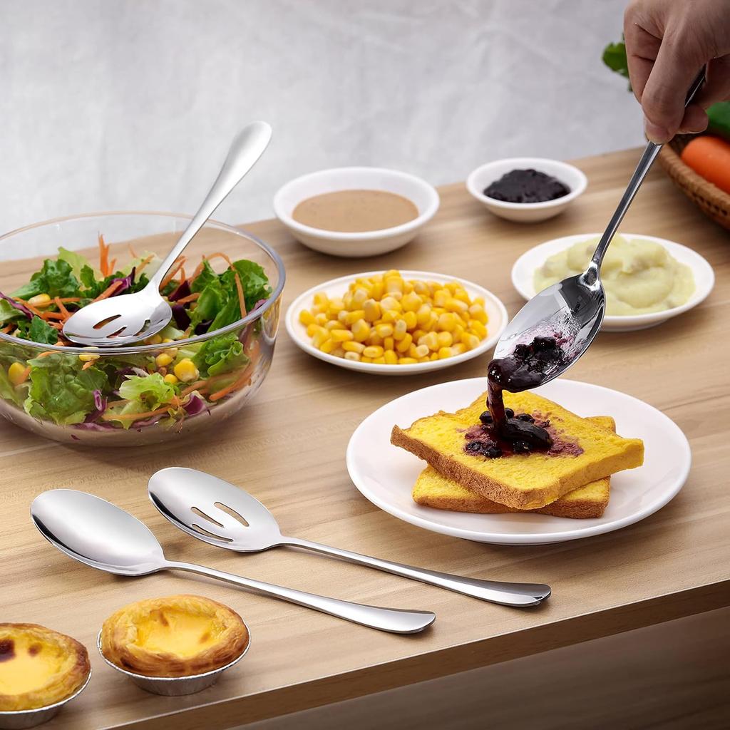 6 Pieces Serving Spoons Set, 8.7 Inch, Includes 3 Serving Spoons and 3 Slotted Spoon, Large Stainless Steel Buffet Banquet Utensils Cutlery Set for