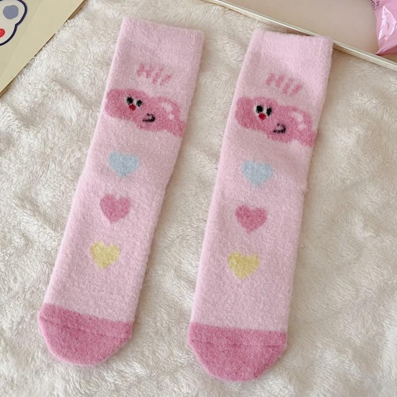 Plush Socks, Thick and Warm Mid-calf Socks for Autumn and Winter, Cute Cartoon Pink, Winter Home Furry Sleeping Socks