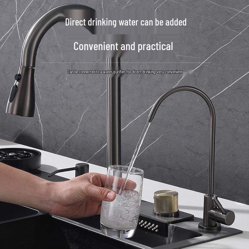 Stainless Steel Kitchen Sink with Nano Coating, Pull-Out Rain Shower, and Large Single Bowl for Vegetable Washing.